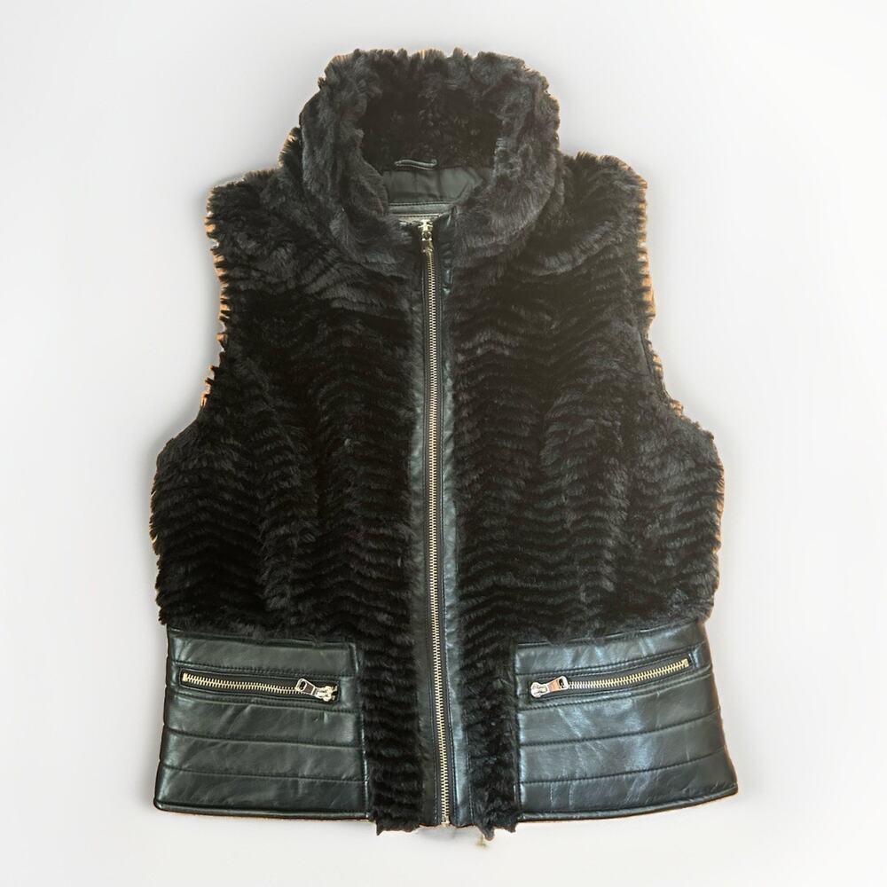 Ci Sono Black Vegan Leather/Faux Chevron Fur Vest Women's Size Large Biker Chic
